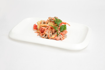 salad carrots meat potatoes white background