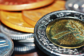 Golden coin and old coin stacking, golden coin and old coin