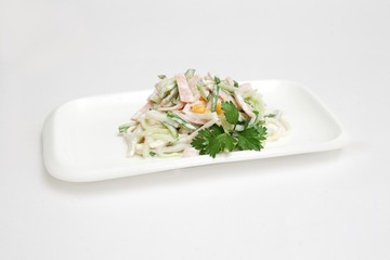 salad corn ham cucumber white background