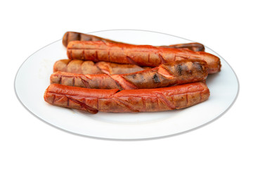 grilled beautiful delicious sausages on a white plate with no background for your design or menu