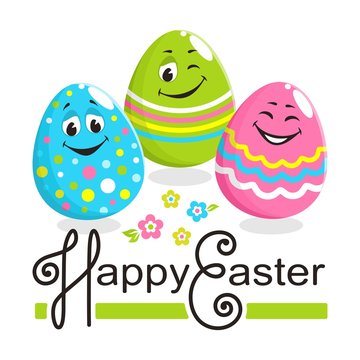 Square colorful greeting card with text: Happy Easter. Three cheerful bright painted egg characters with cute laughing faces. Pink, green and blue colors. Cartoon flat style. Vector illustration.