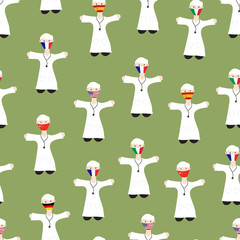 Doctors from around the world wearing safety mask with flags on green background. Vector seamless pattern.