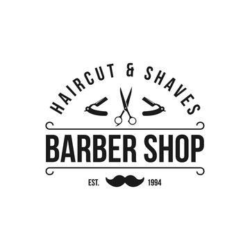 Barber shop vector vintage label, badge, or emblem on white background