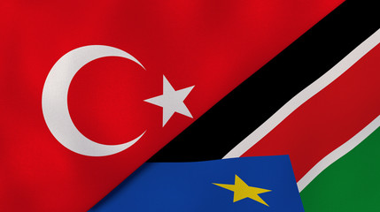 The flags of Turkey and South Sudan. News, reportage, business background. 3d illustration