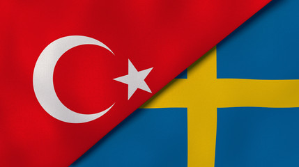 The flags of Turkey and Sweden. News, reportage, business background. 3d illustration