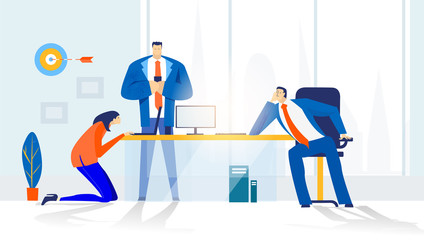 Business people working in office, negotiating, having a meeting and solving the problems. Stress, crisis, under the pressure, working late hours concept illustration