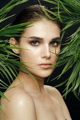 beautiful woman green leaves exotic tropics luxury