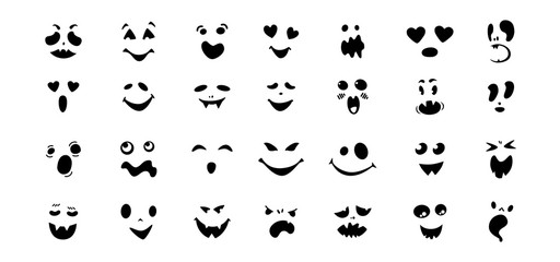 Scary and funny faces flat cartoon set. Halloween collection cute and ghostly monsters, pumpkin or ghost. Joyful spooky or funny comic character. Many ghosts Halloween concept. Vector illustration