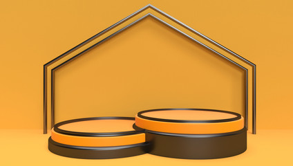 3d Rendering Background Of Abstract Geometric, Scene, Podium, Stage And Display  Mockup. Yellow And Black Theme.