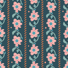 Pink floral vertical striped seamless vector pattern on a dark teal background. Decorative surface print design. Fora fabrics, gift wrapping paper, scrapbooking, and packaging.
