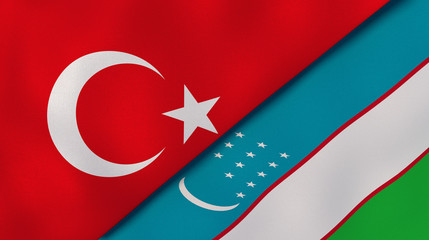 The flags of Turkey and Uzbekistan. News, reportage, business background. 3d illustration