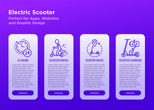 Electric scooter mobile user interface with thin line icons: sharing service 24 hrs, charging, rent, pointer. Modern vector illustration, template with copy space.