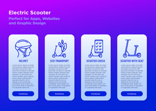 Electric scooter mobile user interface with thin line icons set: helmet, eco transport, sharing service, check in mobile app. Modern vector illustration, template with copy space.