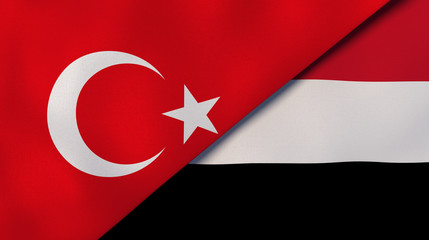 The flags of Turkey and Yemen. News, reportage, business background. 3d illustration