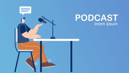 Male podcaster talking to microphone recording podcast .flat style design. Vector illustration
