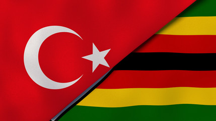 The flags of Turkey and Zimbabwe. News, reportage, business background. 3d illustration