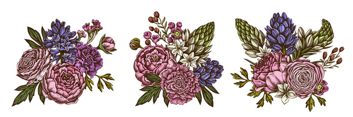 Flower bouquet of colored peony, carnation, ranunculus, wax flower, ornithogalum, hyacinth