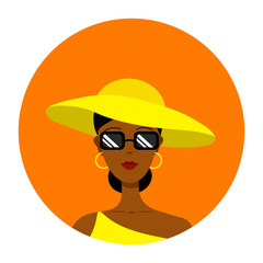 Round icon with a portrait of a young beautiful black woman in black sunglasses, yellow wide-brimmed hat, top, ring earrings. Brunette, bun hairstyle. Orange background. Vector graphics, illustration