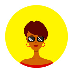 Round icon with portrait of young beautiful latina woman with dark skin, wearing black sunglasses, red top and ring earrings. Short brown hair, bangs. Yellow background. Vector graphics, illustration