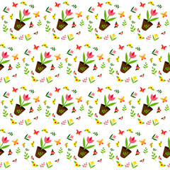 Garden tulips vector seamless pattern. Flowers seamless texture. Spring flowers, twigs and butterflies. Packaging, textiles, wrapping paper, wallpaper design. Isolated white background. Gardening.