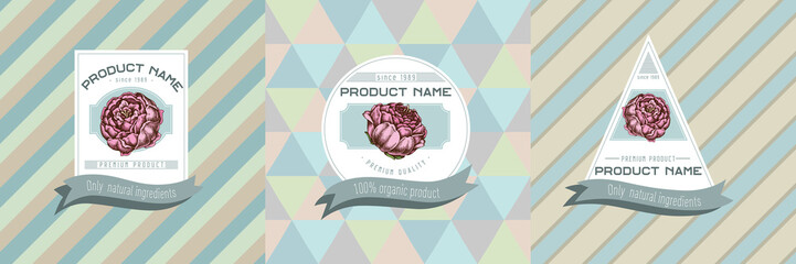Three colored labels with illustration of peony