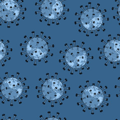 Earth globe as coronavirus, on dark blue background. Vector seamless pattern.