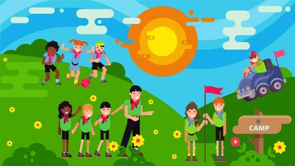 Obraz premium Children in the camp actively play in the clearing with a counselor, flat vector illustration. The boy rides in a children s car, children play ball, summer rest. amp sign. Happy kids walk in nature.
