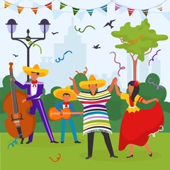 Mexican carnival in the park, two mexicans play the guitar, a man and a woman are dancing, flat vector illustration. A pair of dancers in national traditional costumes dance in a city park.