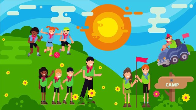 Children In The Camp Actively Play In The Clearing With A Counselor, Flat Vector Illustration. The Boy Rides In A Children S Car, Children Play Ball, Summer Rest. Amp Sign. Happy Kids Walk In Nature.