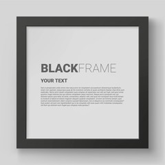 Realistic black photo frame isolated on grey wall. Memorial square frame for portrait or necrology vector illustration. Mourning template in minimalist design. Funeral ceremony and condolence card