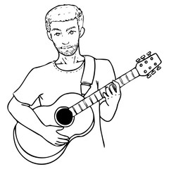 vector illustration man with guitar, line art