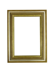 Wooden frame for paintings with gold patina. Isolated on white