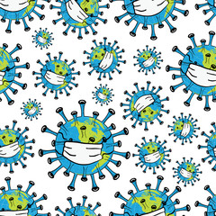 Earth globe as coronavirus, wearing safety mask, on white background. Vector seamless pattern.