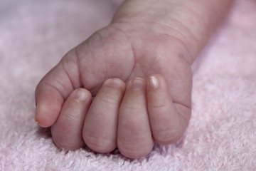 Newborn sleeping on pink blanket