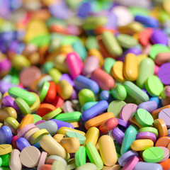 Fototapeta na wymiar A lot of colorful medication and pills close up 3d render
