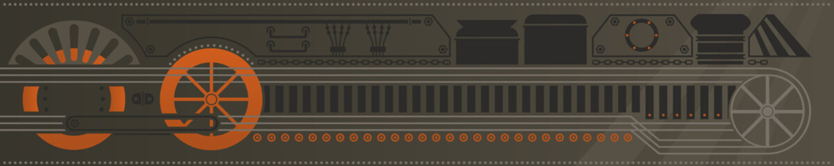 Abstract retro steam locomotive background with various mechanical shapes likes wheels and chains. Can represent trains, railroads, transportation and machines. © Fantasy Maps