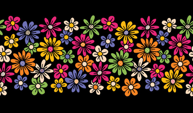 Bright Colorful Hand Drawn Felt Tip Pen Daisies on Dark Background Floral Vector Seamless Horiozontal Pattern Border. Orange Pink Yellow Flowers Design. Bold Large Vintage Blooms Fashion, Textile