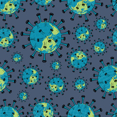 Earth globe as coronavirus, on violet background. Vector seamless pattern.