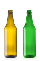 Two empty beer bottles close up isolated on white background