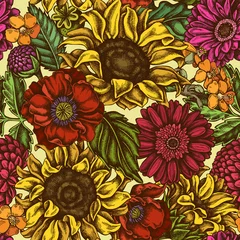 Möbelaufkleber Seamless pattern with hand drawn colored poppy flower, gerbera, sunflower, milkweed, dahlia © Sad