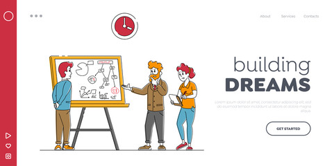 Business People Meeting in Creative Office Landing Page Template. Project Presentation, Characters Discussing Financial Data at Scrum Board. Teamwork, Agile Technology. Linear Vector Illustration