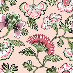 Floral seamlessl pattern. Ornamental backdrop design with fantastic flowers and leaves.  Flourish tiled background.