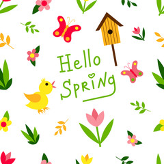 Spring set vector seamless pattern. Chicken, butterfly, flower, plant, twig, birdhouse seamless texture. Packaging, textiles, wrapping paper, wallpaper design Isolated white background Gardening