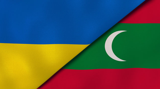 The flags of Ukraine and Maldives. News, reportage, business background. 3d illustration