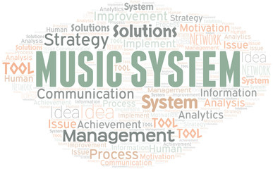 Music System typography vector word cloud.