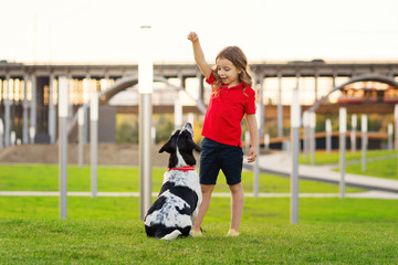 Lovely young girl in red t-shirt with a hunting dog the walk in the green grass on a sunny lawn. Child is training a dog. Obedience training. Children and animals. Faithful friends of human.