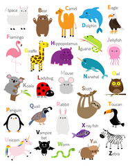 Animal zoo abc alphabet. Cute cartoon set. Baby children education. Alpaca llama bear camel dolphin eagle flamingo giraffe hippopotamus iguana koala sloth unicorn owl penguin bunny. Flat design