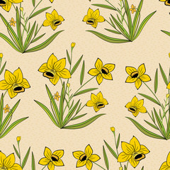 Daffodil composition on light, textured background. Vector seamless pattern.