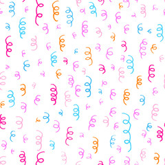 Colorful confetti seamless pattern. Multi colored doodles isolated on white background. Festive design for textile, wrapping paper, wallpaper. Birthday greeting card. Hand drawn vector illustration.