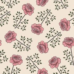 Pink roses, doodle style, on light background. Vector seamless pattern.